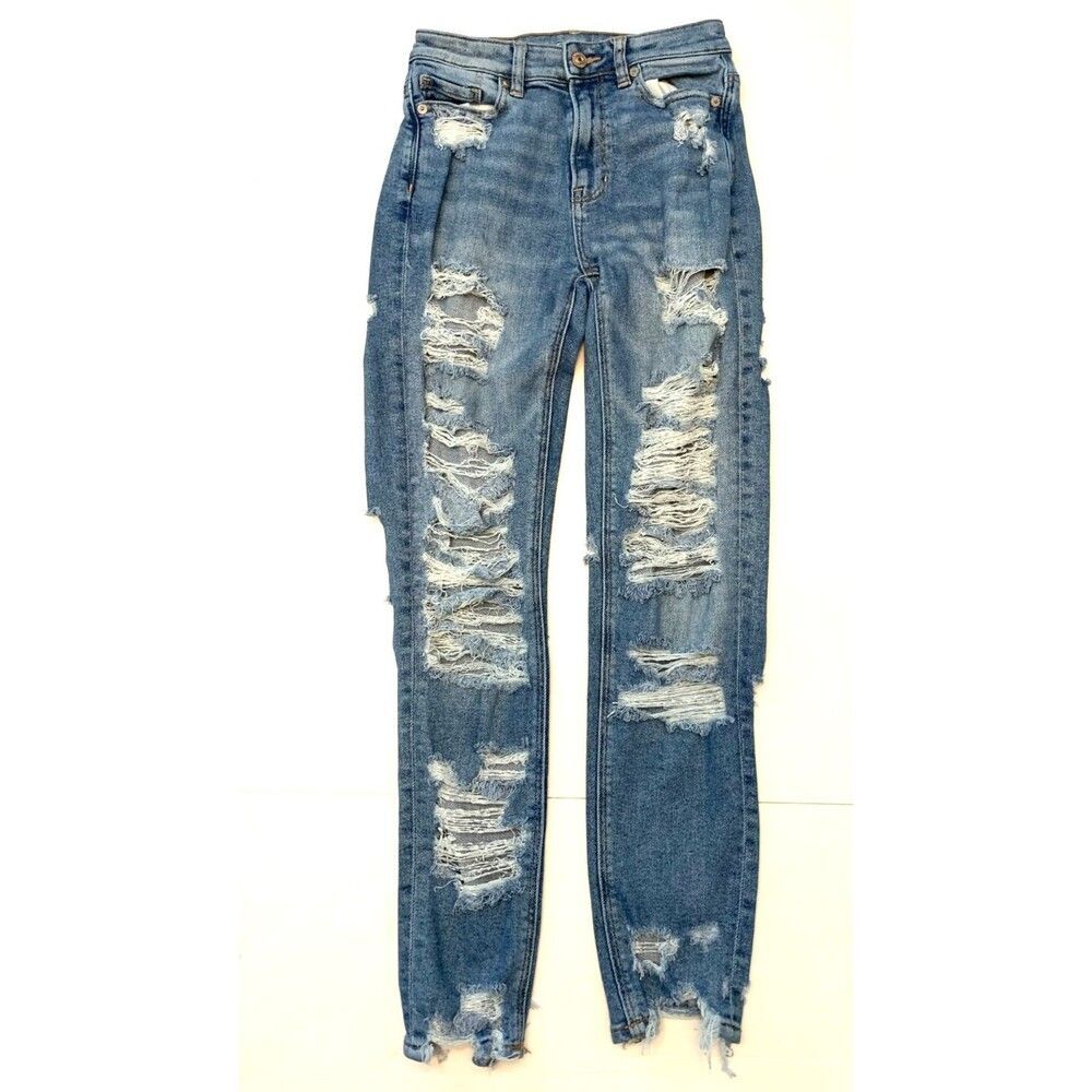 American Eagle Jeans Womens 00 High Rise Mom Distressed Shark Bite Hem Y2K Denim